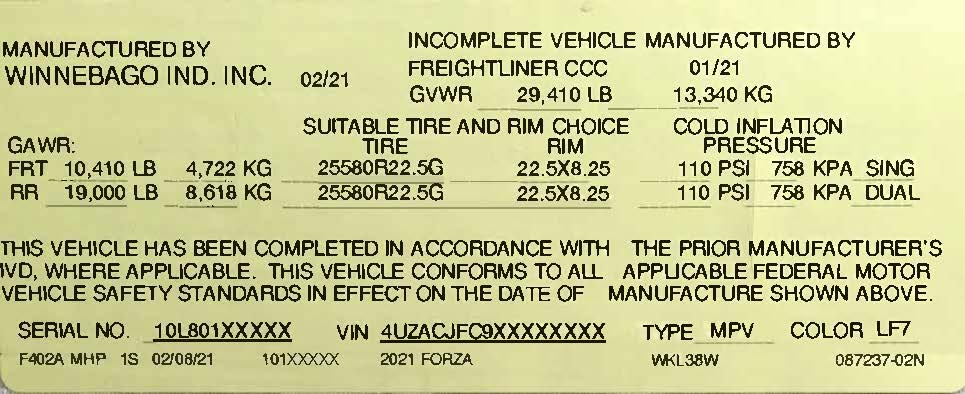Identifying Your Motorhome: Certification Label
